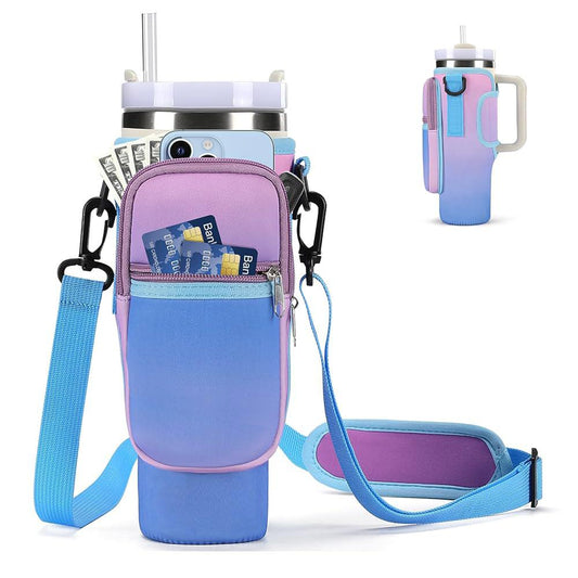 Water Bottle Holder with Pocket and Detachable Strap (Gradient -purple/pink)