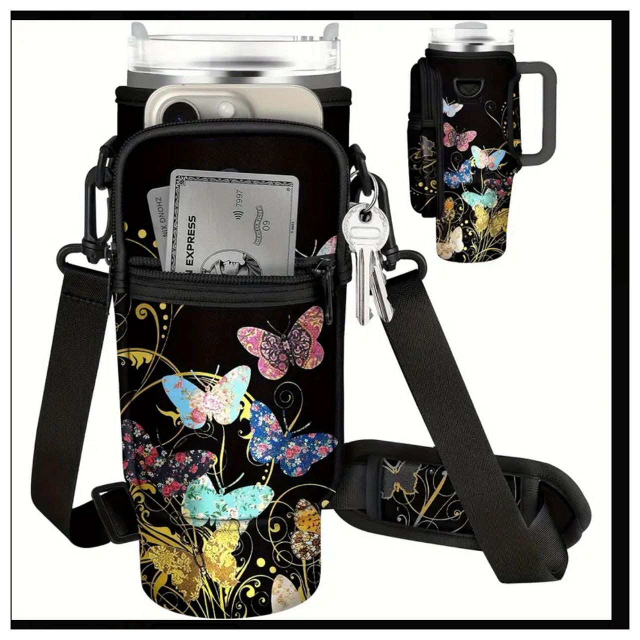 Butterfly water bottle holder with pocket and detachable strap
