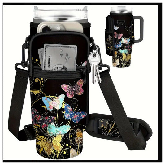 Butterfly water bottle holder with pocket and detachable strap