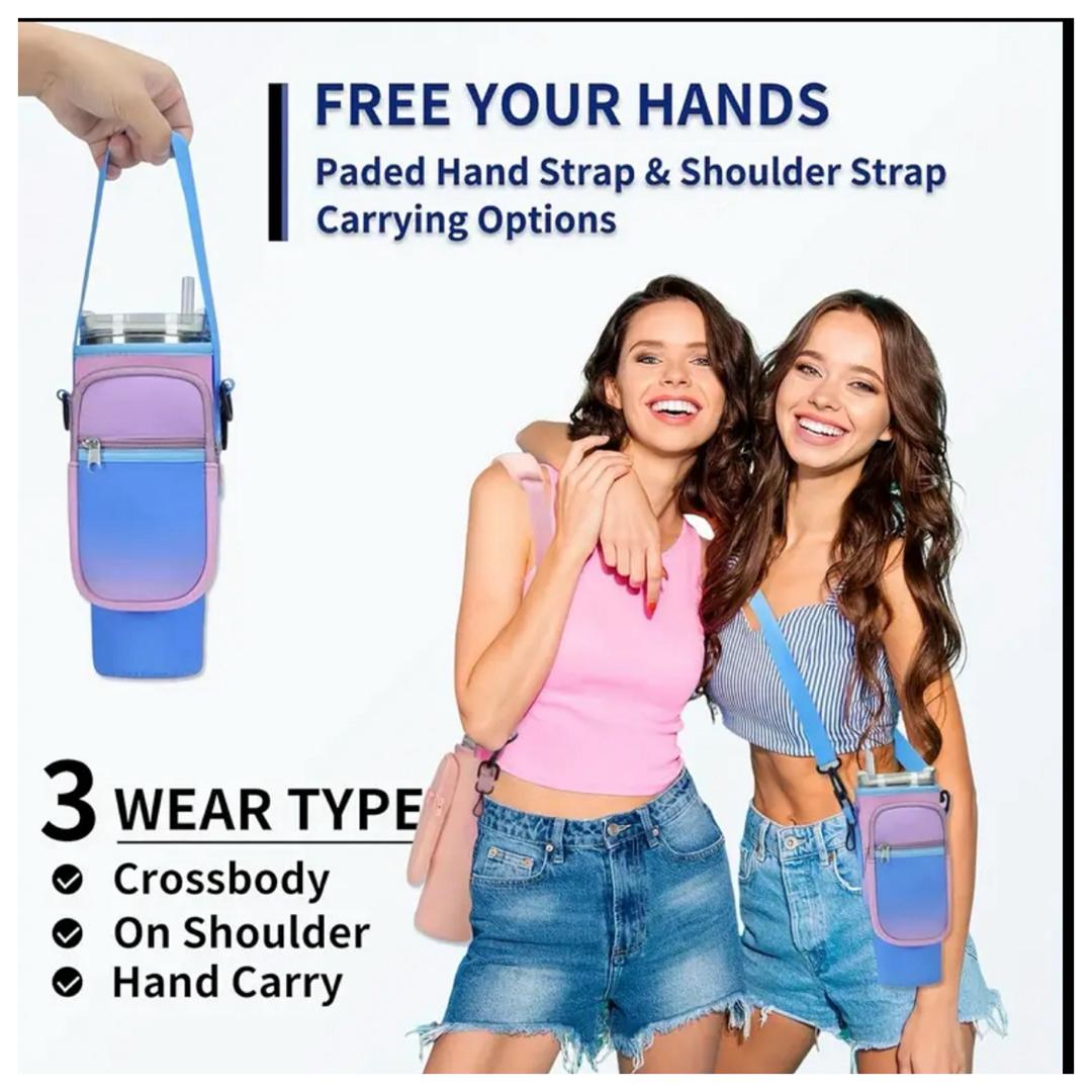 Water Bottle Holder with Pocket and Detachable Strap (Gradient -purple/pink)