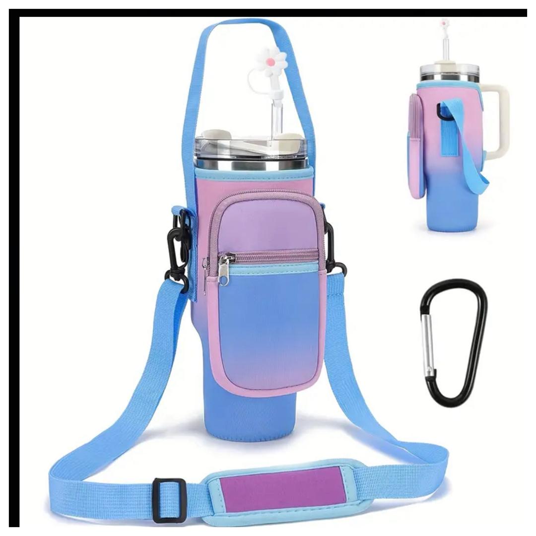 Water Bottle Holder with Pocket and Detachable Strap (Gradient -purple/pink)