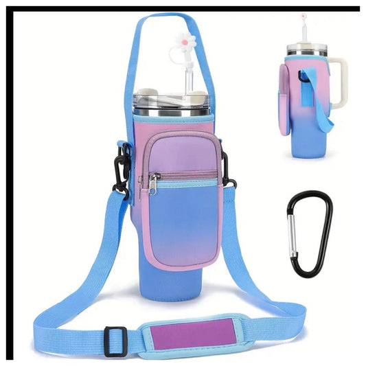 Water Bottle Holder with Pocket and Detachable Strap (Gradient -purple/pink)